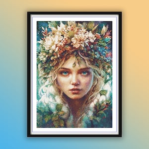 Watercolor Fairy Forest Tree Nymph Meredros Counted Cross Stitch PDF Pattern, Floral Fantasy Fairy, Modern Cross Stitch, Hand Embroidery