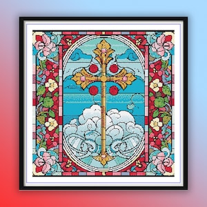 Stained Glass Floral Cross Counted Stitch Pattern - Christian Embroidery PDF Chart