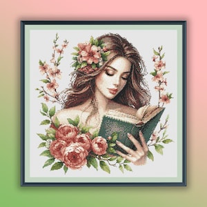 Patrón de punto de cruz en PDF con diseño de niña ratón de biblioteca con flores en acuarela, gráfico de punto de cruz moderno, bordado a mano