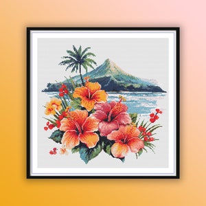 Aquarel Hawaiiaanse hibiscusbloemen getelde kruissteek pdf-patroon, Hawaii-landschap, tropische bloemen, moderne kruissteekkaart