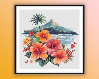Tropical Hawaiian Hibiscus Watercolor Cross Stitch Pattern: PDF Exotic Floral Landscape