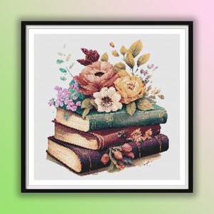 Aquarel vintage bloemenboeken getelde kruissteek pdf-patroon, oude boeken en bloemen, moderne kruissteek, handborduurwerk