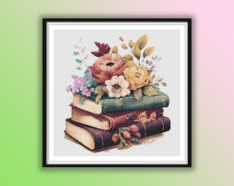 Watercolor Vintage Floral Books Counted Cross Stitch PDF Pattern, Old Books and Flowers, Modern Cross Stitch, Hand Embroidery