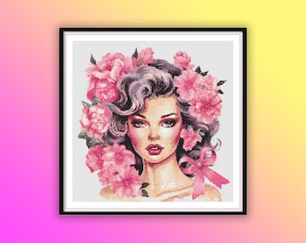 Watercolor Pink Floral Woman Counted Cross Stitch PDF Pattern, Breast Cancer Awareness, Modern Cross Stitch Chart, Hand Embroidery