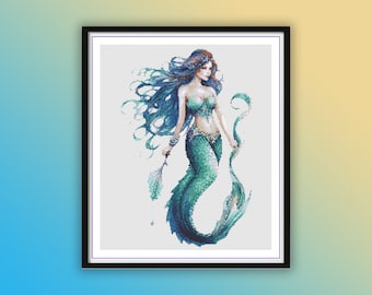 Enchanting Watercolor Mermaid PDF Cross Stitch Pattern - Underwater Ocean Life Aquarium Design