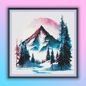Aquarell verschneiter Wald und Berge Kreuzstich PDF Muster, Winterlandschaft, Handstickerei, moderne Kreuzstichvorlage