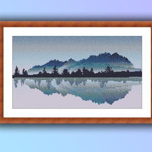 Aquarell See und Wald PDF Kreuzstichmuster, Regenwald Landschaft Kreuzstichmuster, moderne Kreuzstichvorlage