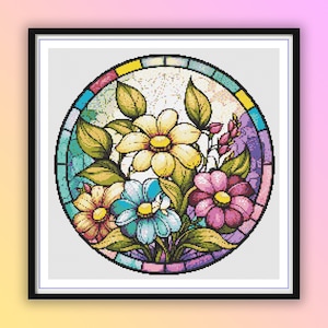 Stained Glass Inspired Floral Cross Stitch Pattern - Spring Blooms PDF for Hand Embroidery