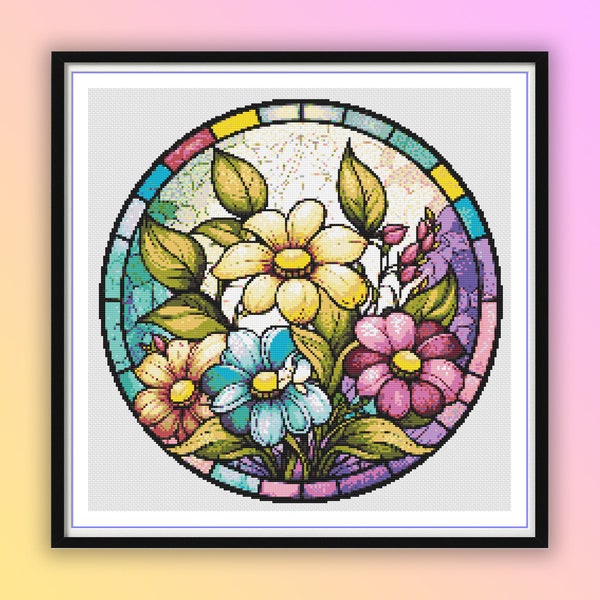 Stained Glass Style Flowers Counted Cross Stitch PDF Pattern, Flower Arrangement, Blooming Spring, Floral Cross Stitch, Hand Embroidery