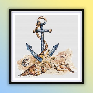 May include: A blue anchor with a rope wrapped around it, resting on a sandy beach with seashells and starfish.