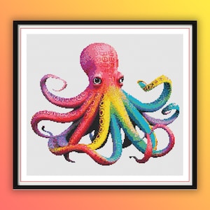 May include: A rainbow coloured octopus with eight tentacles, against a white background.