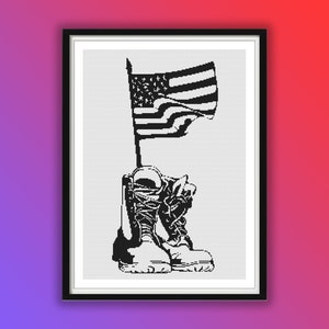 USA Army Boots and Flag Counted Cross Stitch PDF Pattern, Patriotism Cross Stitch, Independence Day 4 July Hand Embroidery