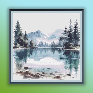 Aquarell See und Wald Kreuzstich PDF Muster, nebelige Berge Landschaft, moderne Kreuzstichvorlage, Handstickerei