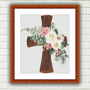 Christian Cross Cross Stitch Pattern with Flowers, Easter Cross Stitch, Religious Hand Embroidery Design, Flowers Bouquet Cross Stitch Chart