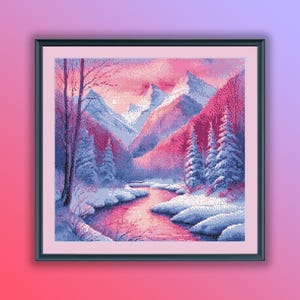 Aquarell Winter Landschaft PDF Muster, verschneite Berge Wald, Berge Fluss, moderne Kreuzstichvorlage