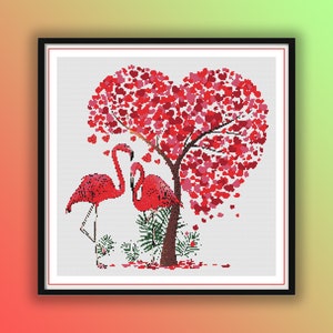 Watercolor Flamingo Valentine&#39;s Day Cross Stitch Pattern - PDF Embroidery Chart for Needlepoint