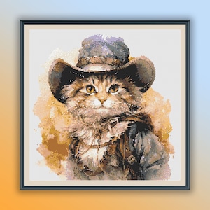 Watercolor Cowboy Cat Cross Stitch Pattern: Embroidery PDF (Digital Download)