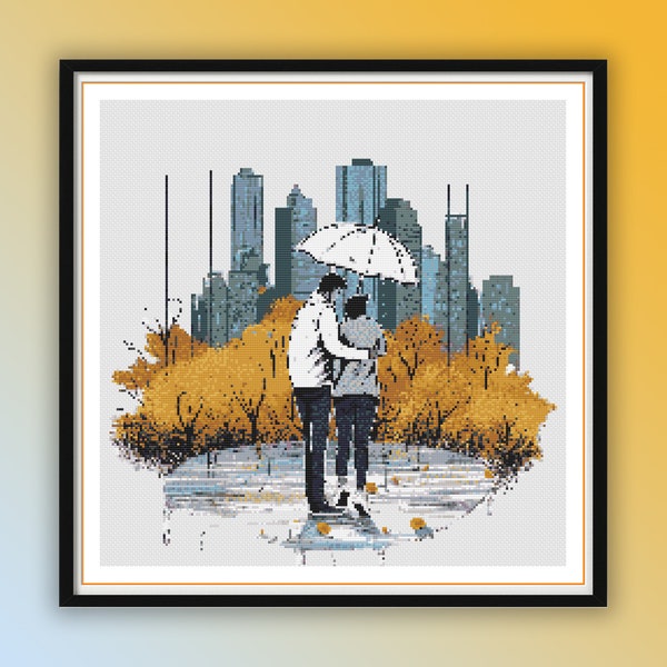 Watercolor Autumn National Park Counted Cross Stitch PDF Pattern, Autumn Forest, Rainy Autumn City View, Fall Trees Hand Embroidery