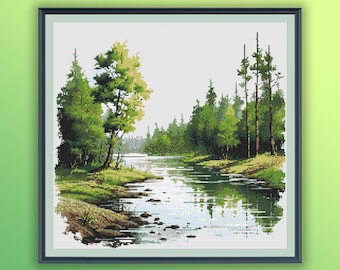 Serene Watercolor Lake & Forest Cross Stitch Pattern - Digital PDF Download for Nature Enthusiasts