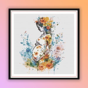 Watercolor Floral Pregnant Mother Cross Stitch Pattern: Modern Embroidery PDF for Happy Pregnancy