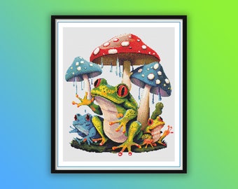 Frog and Mushroom Cross Stitch Pattern: Whimsical Woodland Embroidery (PDF Pattern)
