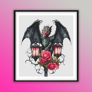 Modèle de point de croix aquarelle lanterne dragon Yin Yang mystique - Grille PDF de broderie gothique