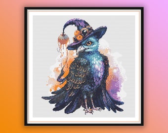 Enchanting Watercolor Witch Peacock Cross Stitch Pattern: Spooky Halloween Embroidery Chart