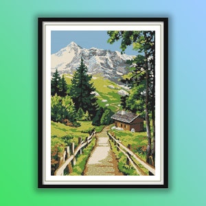 Aquarell Frühling Natur Landschaft Kreuzstich PDF Muster, Frühling Berge, Grünes Highland Dorfleben, Handstickerei