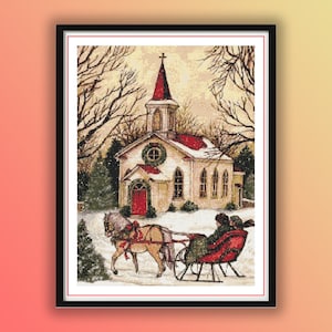 Village de Noël enneigé, point de croix compté, motif PDF, paysage d'hiver, forêt d'hiver, paysage de neige, église, paysage de Noël enneigé