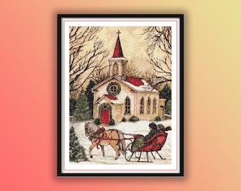 Enchanting Snowy Christmas Village Cross Stitch Pattern: Winter Church Landscape PDF Download