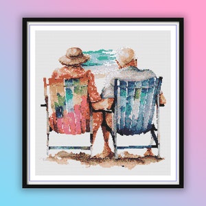 May include: A watercolor painting of an older couple sitting in beach chairs on the sand. The woman is wearing a red and white hat and a colorful dress. The man is wearing a white shirt and blue pants. They are holding hands and looking out at the ocean.