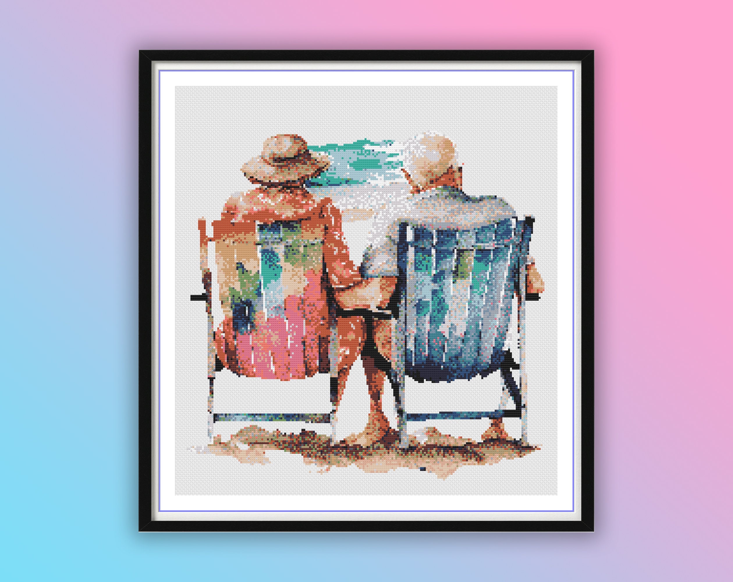 Romantic Elderly Couple Beach Watercolor Cross Stitch Pattern
