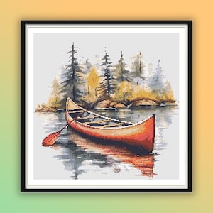 Misty Lake Watercolor Canoe Landscape - Modern Counted Cross Stitch PDF Pattern