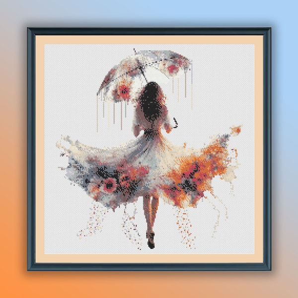 Watercolor Dancing in The Rain Counted Cross Stitch PDF Pattern, Girl with Umbrella, Modern Cross Stitch Chart, Hand Embroidery