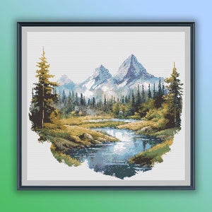 Watercolor Forest River Landscape Counted Cross Stitch PDF Pattern, Pine Forest Woodland, Modern Cross Stitch Chart, Hand Embroidery