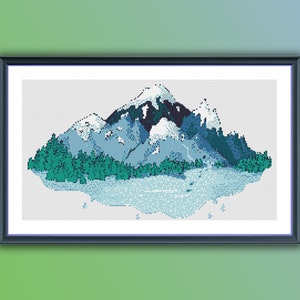 Watercolor Mountains and Pine Trees Landscape Counted Cross Stitch PDF Pattern, Forest Landscape Cross Stitch Pattern, Instant Download