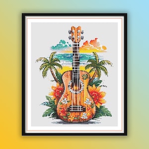 May include: A wooden acoustic guitar with floral designs, set against a beach scene with palm trees and a sunset.