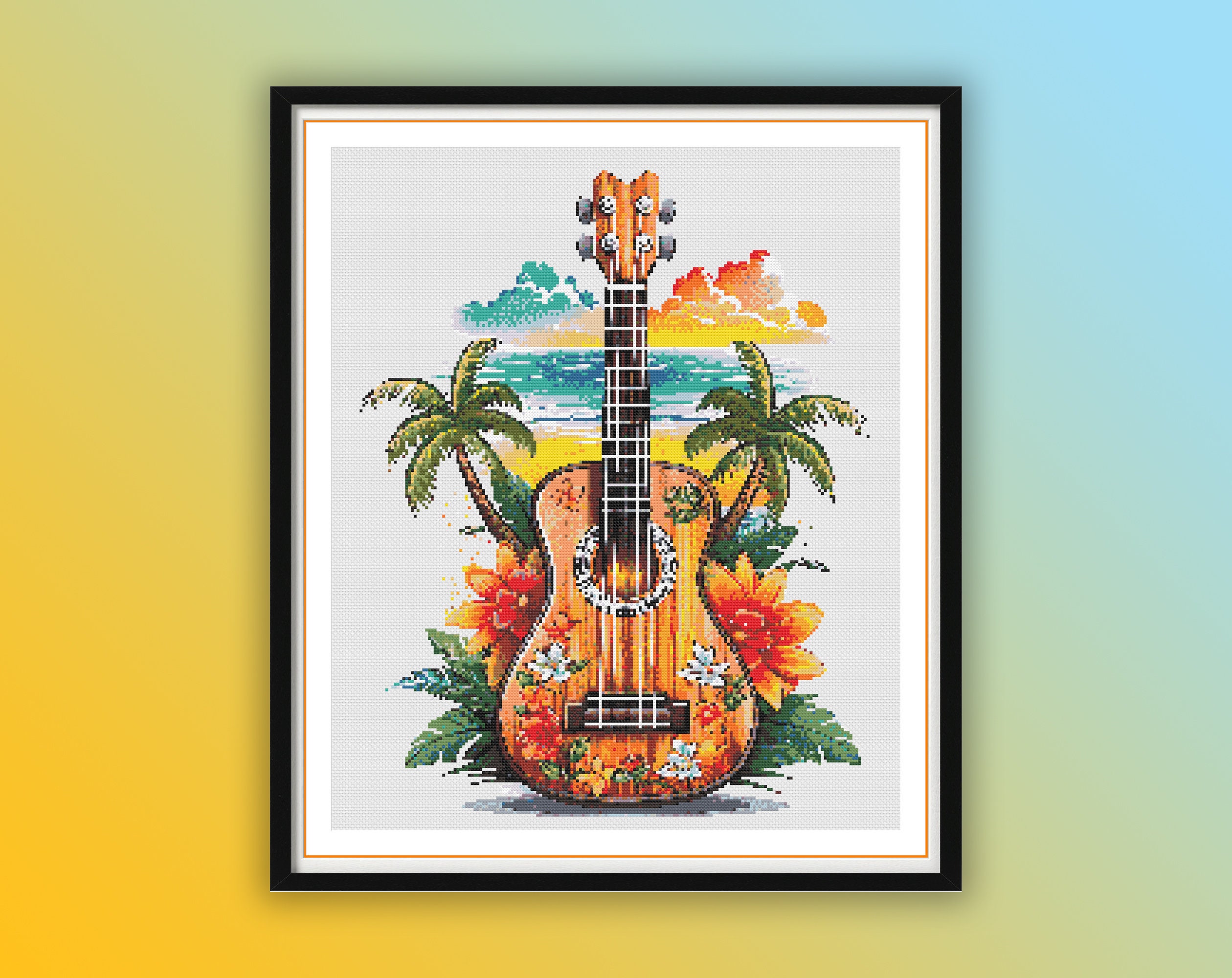 Hawaiian Ukulele Landscape Cross Stitch Pattern: Tropical Beach