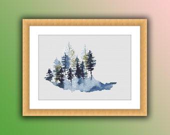 Serene Watercolor Forest & Mountain Landscape Cross Stitch Pattern - Digital PDF Download