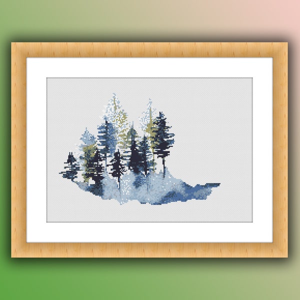 Watercolor Forest and Mountains Landscape Counted Cross Stitch PDF Pattern, Rainforest Cross Stitch Pattern, Modern Cross Stitch Chart