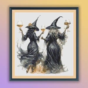Aquarel Halloweenfeest heksen getelde kruissteek pdf-patroon, beste vrienden Halloween, moderne kruissteekkaart, handborduurwerk