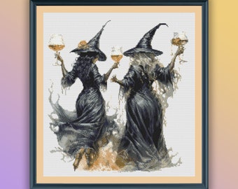 Watercolor Halloween Witches Cross Stitch Pattern: Spooky Best Friends Party Embroidery Chart