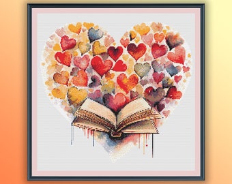 Watercolor Hearts and Book Counted Cross Stitch PDF Pattern, Living Books, Modern Cross Stitch Chart, Hand Embroidery