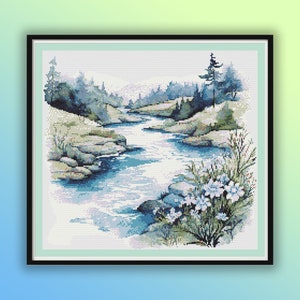Aquarel bos rivierlandschap getelde kruissteek pdf-patroon, dennenbos, moderne kruissteekkaart, handborduurwerk