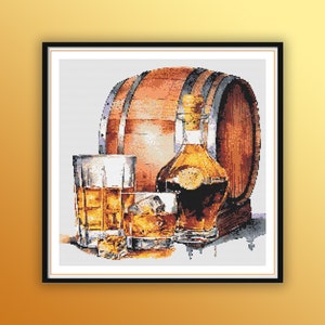 May include: A wooden barrel with a glass of whiskey and a bottle of liquor. The glass has ice cubes in it. The barrel is brown and the glass and bottle are clear.