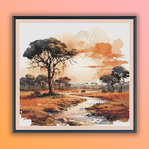 Aquarell Afrikanische Landschaft PDF Kreuzstichmuster, Afrikanische Savanne Sonnenuntergang, Handstickerei, moderne Kreuzstichvorlage