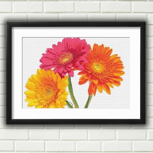 Bloemen kruissteekpatroon, boeketkruissteek, gerberabloem kruissteekpatroon, pdf-bloemenpatroon, kruissteek madeliefjebloemen