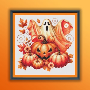 Padrão em PDF de abóboras de Halloween em aquarela, fantasma de Halloween, Halloween rosa, gráfico de ponto cruz moderno, bordado à mão