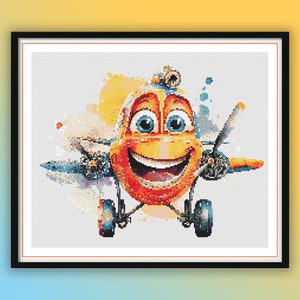 Anime-Inspired Watercolor Airplane Cross Stitch Pattern - Kids Room Decor, Instant PDF Download