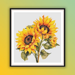 Patrón de punto de cruz contado en PDF de girasoles en acuarela, punto de cruz de ramo, arreglo floral, patrón floral en PDF, bordado a mano